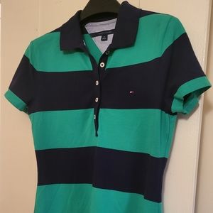 Tommy hilfiger large strip collared polo shirt navy green size S nwot